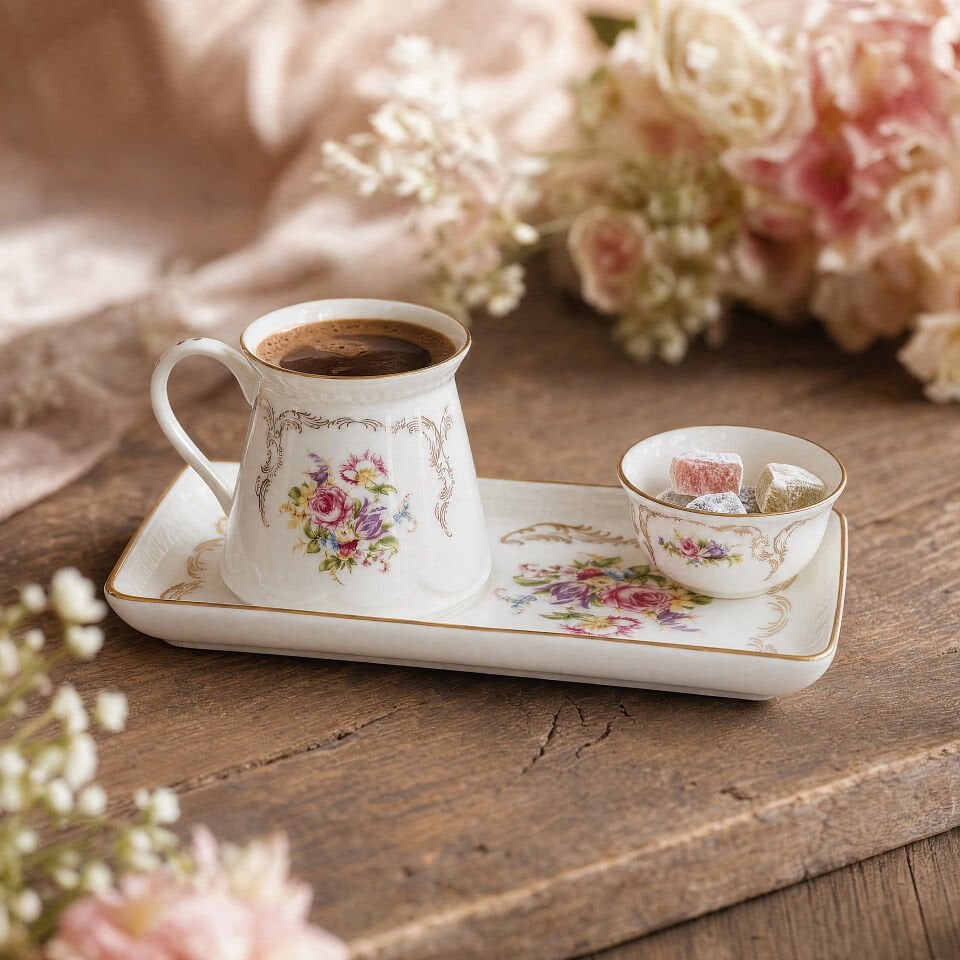 Pıa  Flowers Sunumluklu Kahve Takımı 3 Parça