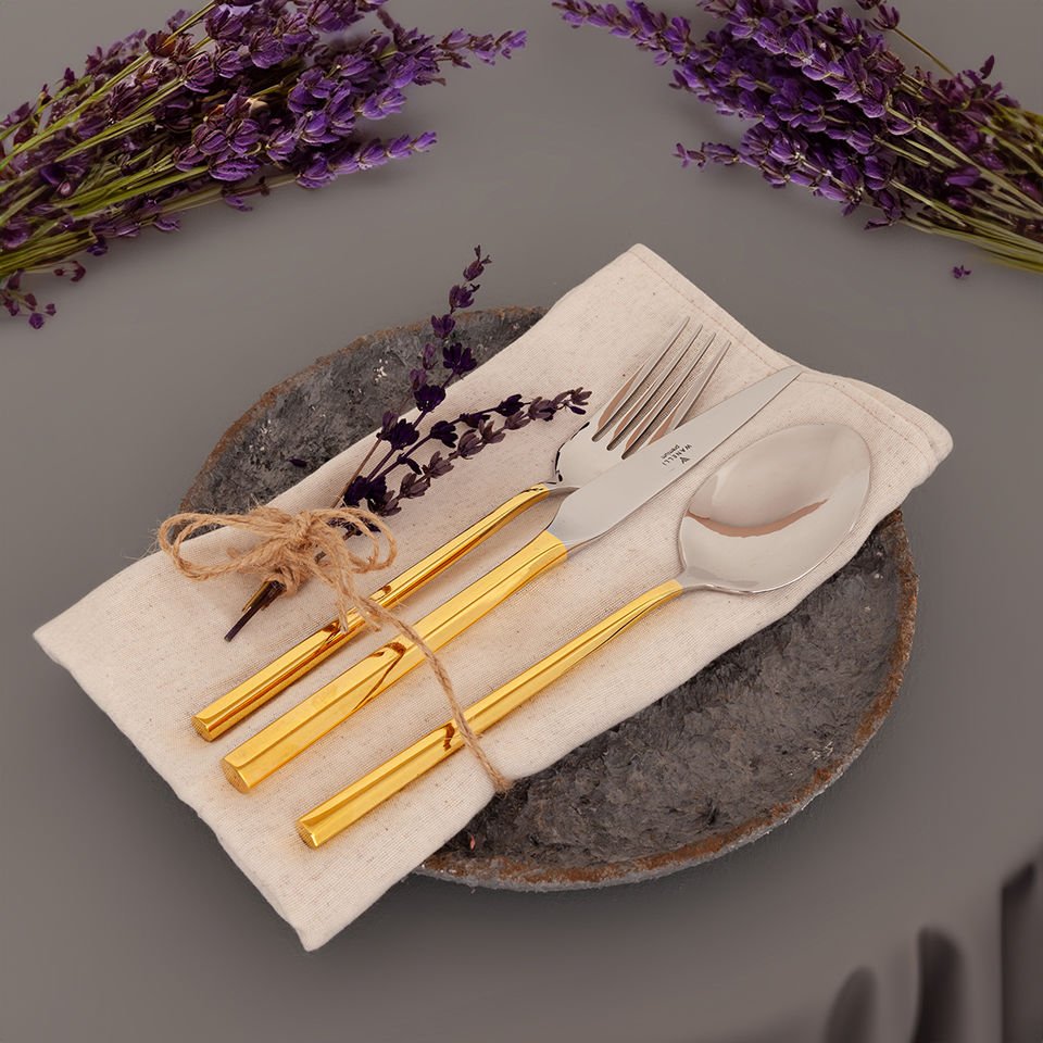 Pera Dekorlu Altın 84 Parça Çatal Kaşık Bıçak Seti