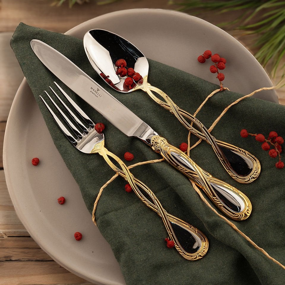 Maya Dekorlu Altın 84 Parça Çatal Kaşık Bıçak Seti